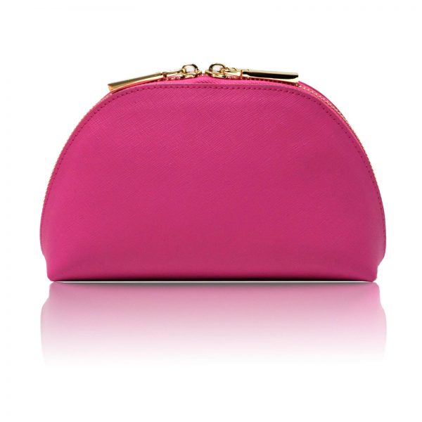 Deluxe Pink Saffiano Leather Cosmetic Make-up Bag
