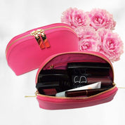 Deluxe Pink Saffiano Leather Cosmetic Make-up Bag